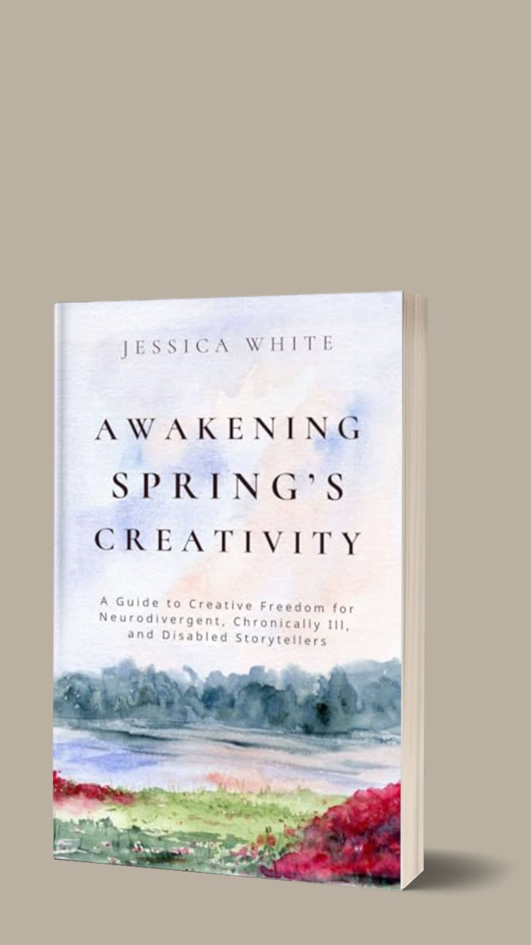AA Website Book Listings Cover of Awakening Spring's Creativity a watercolor background with blue-gray trees, green grass, and magenta flower bushes.