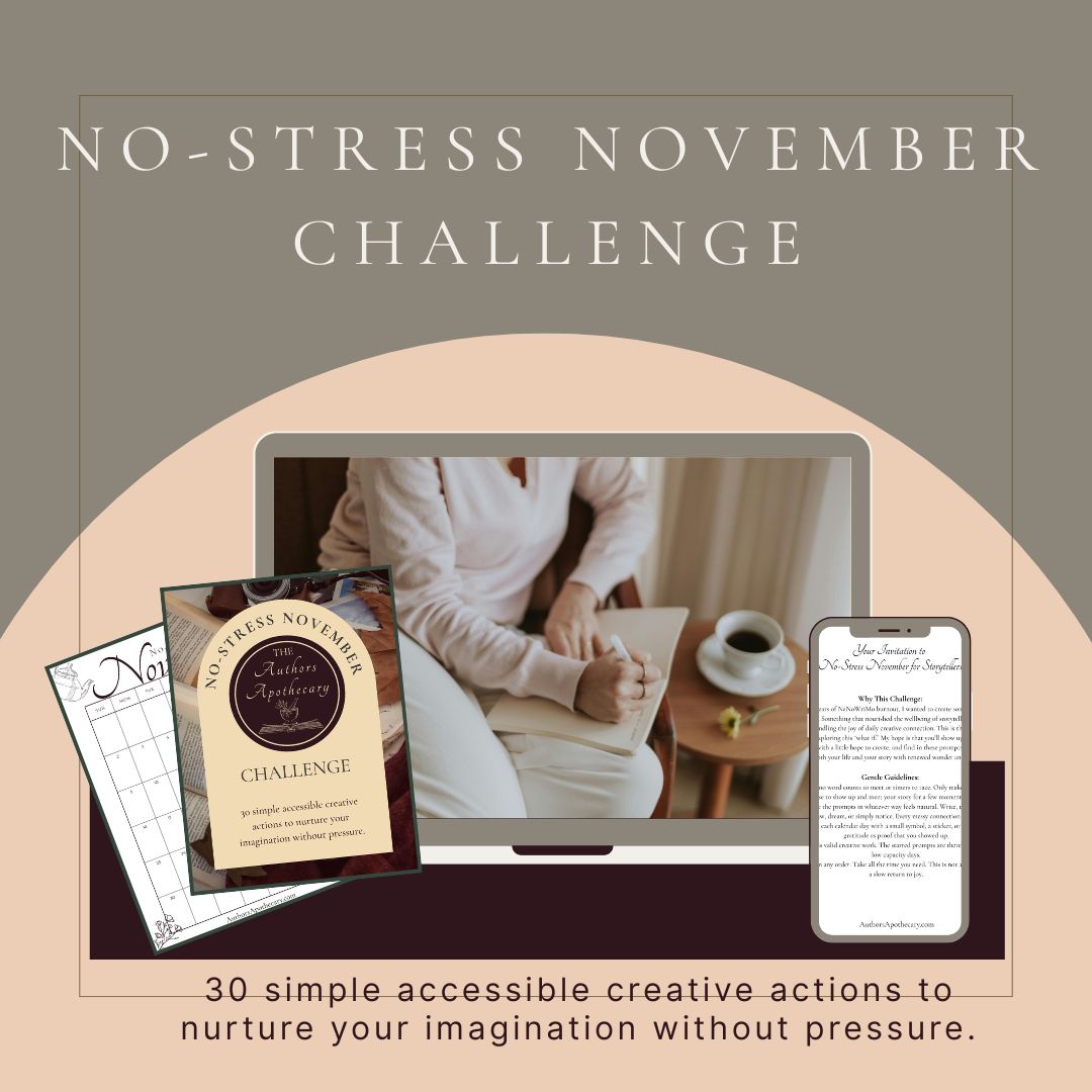 Image of woman sitting casually in a chair writing. Previews of the cover, calendar, and intro to the PDF download.